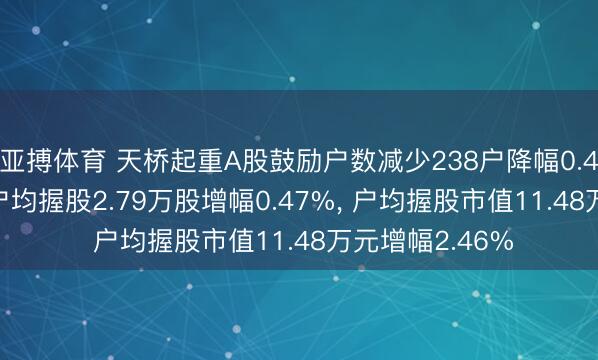 亚搏体育 天桥起重A股鼓励户数减少238户降幅0.47%, 运动A股户均握股2.79万股增幅0.47%, 户均握股市值11.48万元增幅2.46%